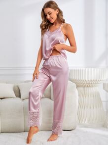 Bộ đồ ngủ Nữ Tương phản ren màu trơn Thanh lịch - Màu Hồng baby - Xem 7