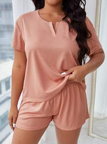 Conjunto de pijama shorts con camiseta de cuello notch - Naranja Coral - Ver 3