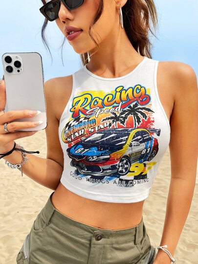 SHEIN EZwear Car & Letter Graphic Crop Tank Top