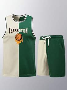Men Basketball & Letter Graphic Two Tone Sports Set, Athletic Suit, Tracksuit - Multicolor - View 1