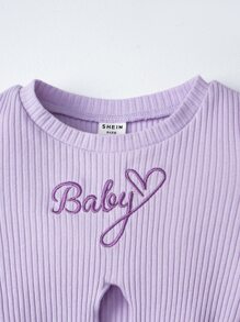 SHEIN Leap Crew 寶寶女孩字母刺繡萵苣邊結前t恤與喇叭裝褲 - 紫丁香色 - 查看 4
