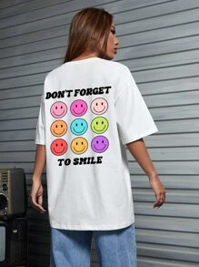JoyandElle 卡通臉和標語圖案落肩袖超大號T恤 - 白色 - 查看 1