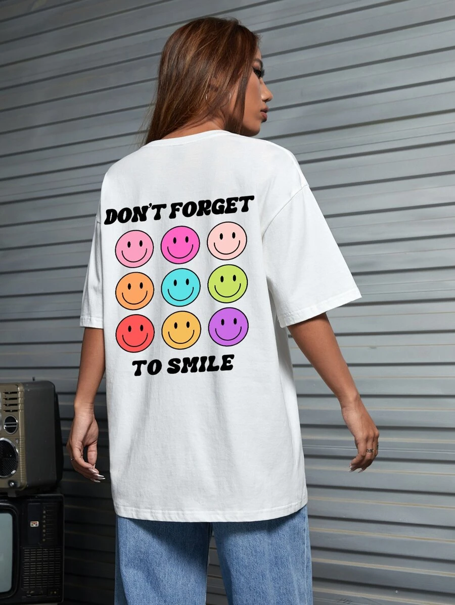 JoyandElle 卡通臉和標語圖案落肩袖超大號T恤 - 白色 - 查看 1