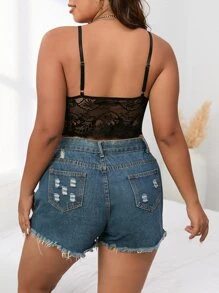 SHEIN Privé 大碼蕾絲吊帶短上衣 - 黑色 - 查看 2