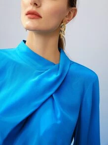 MOTF PREMIUM PURE SILK ASYMMETRICAL NECK BLOUSE - Blue - View 3