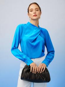 MOTF PREMIUM PURE SILK ASYMMETRICAL NECK BLOUSE - Blue - View 4