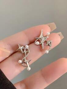 1對時尚鋅合金珍珠和星形裝飾耳釘適合女士日常裝飾