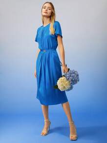 MOTF PREMIUM SILK BELTED GATHERED DRESS - Blue - View 4