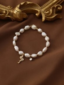 1 件优雅人造珍珠和火烈鸟装饰手链，适合女士日常装饰 - 米色 - 查看 1
