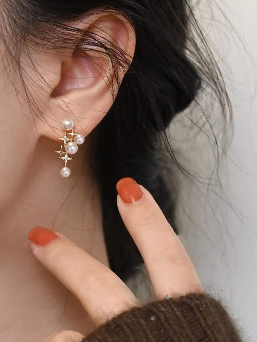 1 Par Pendientes De Botón Con Decoración De Acero Inoxidable De Moda, Con Diamantes De Imitación Y Perlas Falsas Para Mujeres Para Decoración Diaria - Amarillo Oro - Ver 1