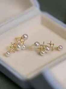 1 Par Pendientes De Botón Con Decoración De Acero Inoxidable De Moda, Con Diamantes De Imitación Y Perlas Falsas Para Mujeres Para Decoración Diaria - Amarillo Oro - Ver 2