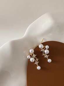 1 Par Pendientes De Botón Con Decoración De Acero Inoxidable De Moda, Con Diamantes De Imitación Y Perlas Falsas Para Mujeres Para Decoración Diaria - Amarillo Oro - Ver 5