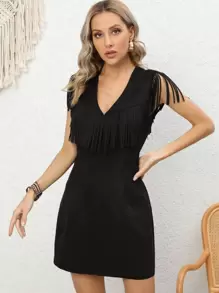 RELISH NOLESS Fringe Trim Faux Suede Dress - Black - View 1