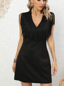 RELISH NOLESS Fringe Trim Faux Suede Dress - Black - View 3