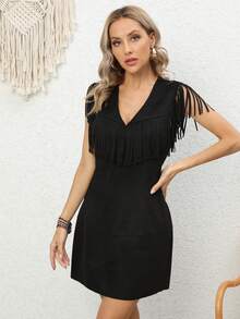 RELISH NOLESS Fringe Trim Faux Suede Dress - Black - View 4