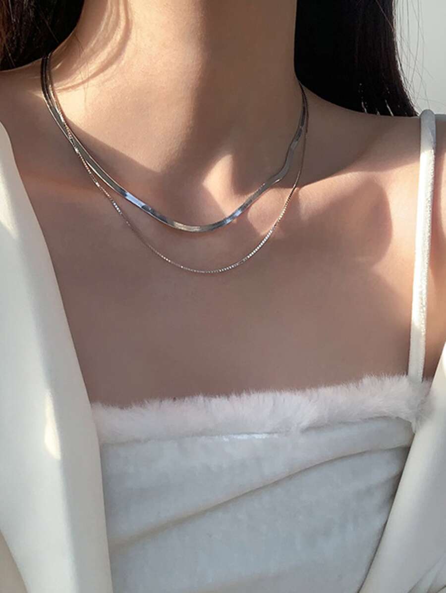 1 vòng cổ nhiều lớp tối giản thời trang bằng thép không gỉ cho phụ nữ để trang trí hàng ngày - Bạc - Xem 1