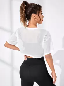 SHEIN Sports Letter Graphic Drop Shoulder Crop Sports Tee Gym Top - White - View 2