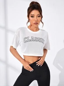 SHEIN Sports Letter Graphic Drop Shoulder Crop Sports Tee Gym Top - White - View 4