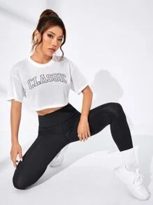 SHEIN Sports Letter Graphic Drop Shoulder Crop Sports Tee Gym Top - White - View 5
