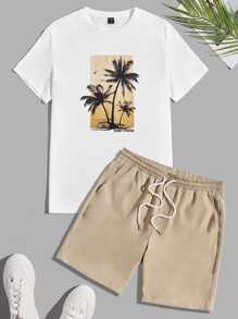 Manfinity VCAY Men Cotton Tropical Print Tee & Drawstring Waist Shorts - Multicolor - View 1