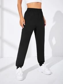 SHEIN Daily&Casual Pantalones deportivos unicolor de cintura elástica - Negro - Ver 4