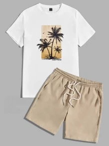 Manfinity VCAY Men Cotton Tropical Print Tee & Drawstring Waist Shorts - Multicolor - View 9
