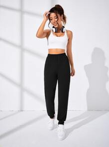 SHEIN Daily&Casual Pantalones deportivos unicolor de cintura elástica - Negro - Ver 6