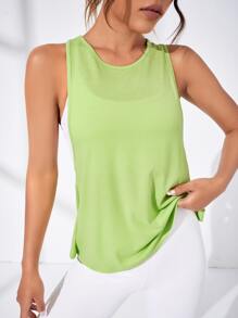 SHEIN Daily&Casual 素色交叉露背運動背心 - 綠色 - 查看 2