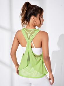 SHEIN Daily&Casual 素色交叉露背運動背心 - 綠色 - 查看 4