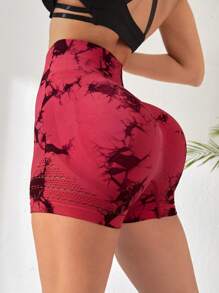 Easithlete 紮染鏤空寬腰帶運動短褲 - 酒紅色 - 查看 1