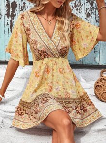 SHEIN LUNE Floral Print Butterfly Sleeve Overlap Collar Dress - Yellow - View 1
