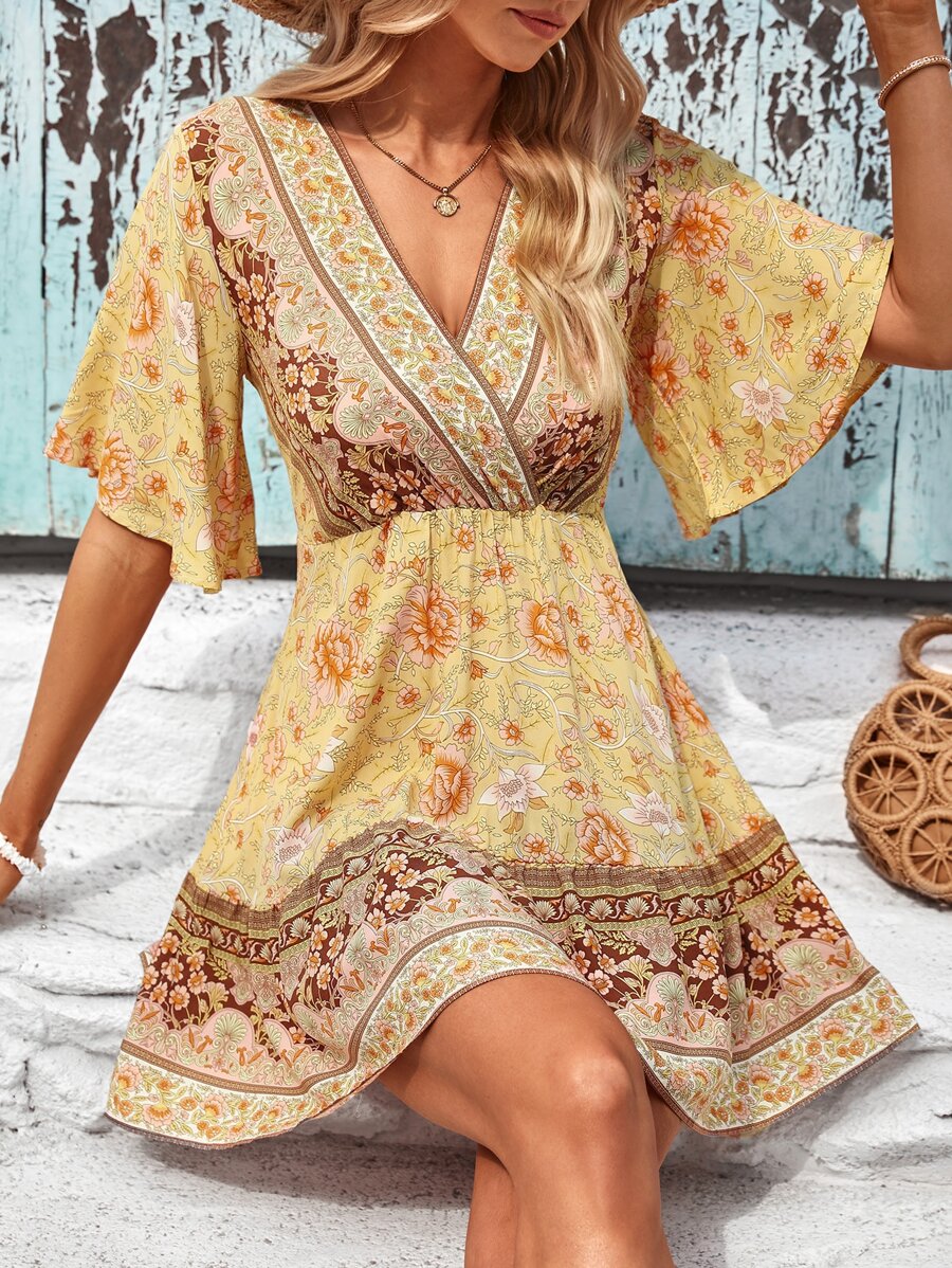 SHEIN LUNE Floral Print Butterfly Sleeve Overlap Collar Dress - Yellow - View 1