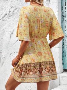 SHEIN LUNE Floral Print Butterfly Sleeve Overlap Collar Dress - Yellow - View 2