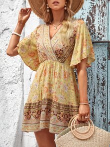 SHEIN LUNE Floral Print Butterfly Sleeve Overlap Collar Dress - Yellow - View 5