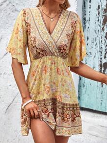 SHEIN LUNE Floral Print Butterfly Sleeve Overlap Collar Dress - Yellow - View 6