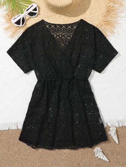 Tween Girl Solid Hollow Out Surplice V Neck Cover Up Summer Holiday