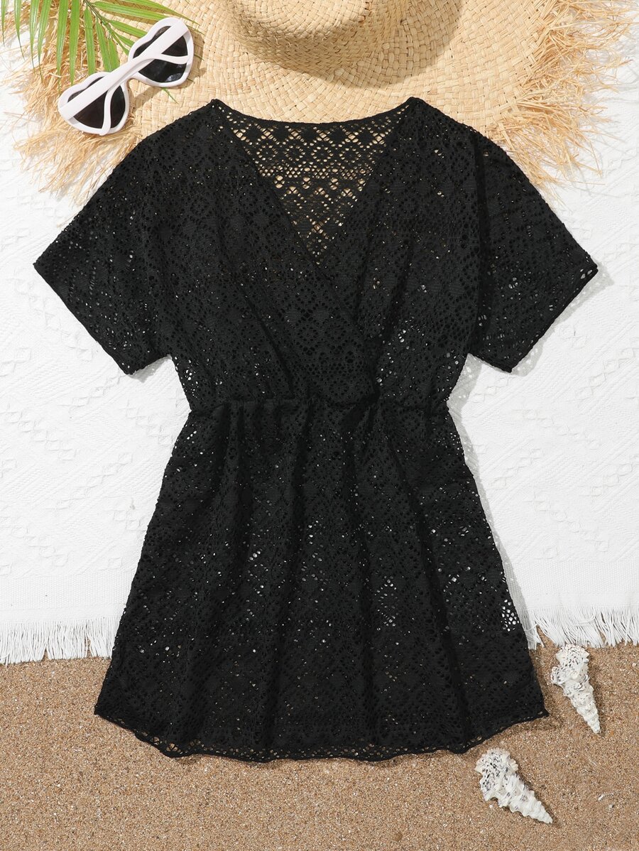 兒童女孩實色中空掠過v領罩衫 - 黑色 - 查看 1