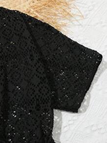 兒童女孩實色中空掠過v領罩衫 - 黑色 - 查看 3