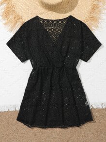 兒童女孩實色中空掠過v領罩衫 - 黑色 - 查看 5