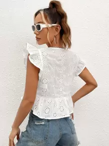 Soleia Eyelet Embroidery Ruffle Trim Peplum Blouse - White - View 2