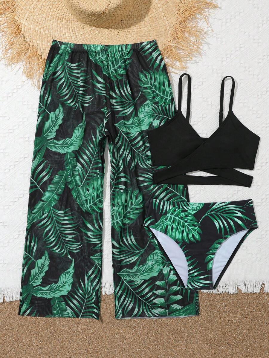 Conjunto de bikini con estampado tropical y pantalones a juego como cubrepantalones, conjunto de verano para playa para niña preadolescente - Multicolor - Ver 1