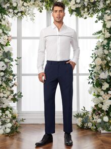 GENTILAND Men Contrast Piping Button Front Shirt - White - View 4