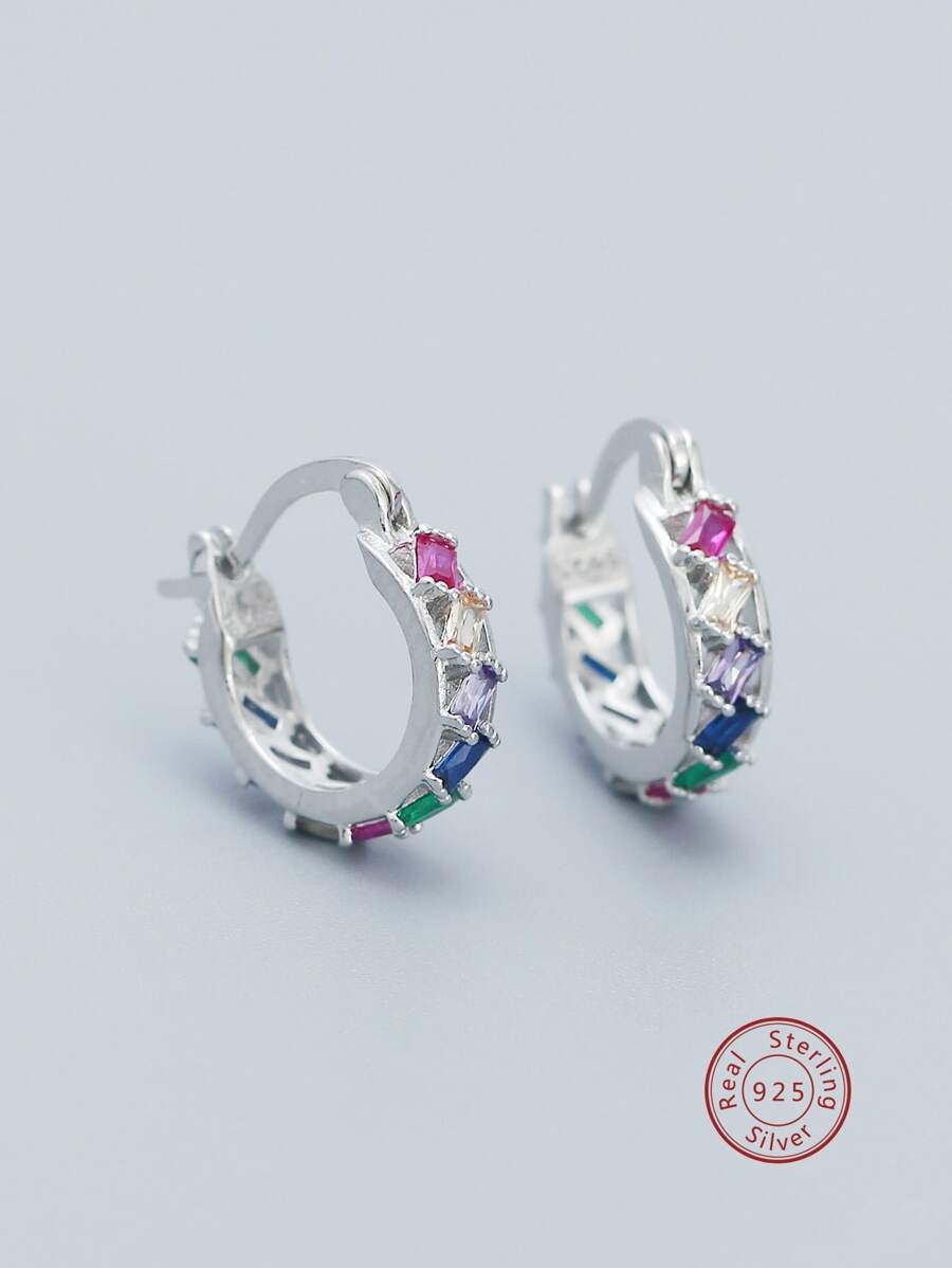 Cubic Zirconia Decor Silver Hoop Earrings - Silver - View 1