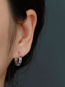 Cubic Zirconia Decor Silver Hoop Earrings - Silver - View 2