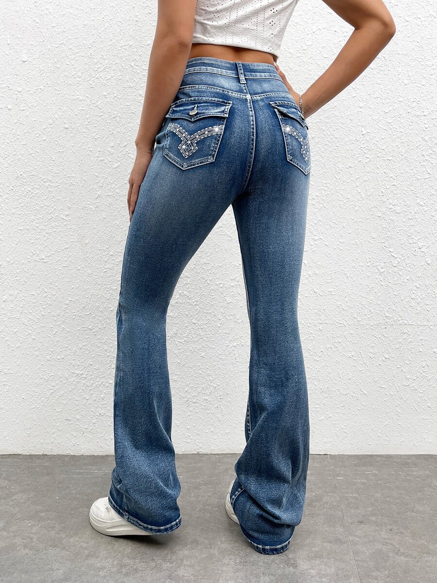 SHEIN EZwear Embroidery Flap Pocket Flare Leg Jeans,Country - Medium Wash - View 1