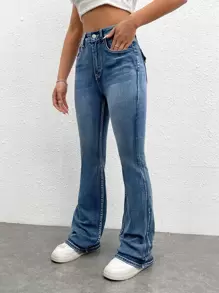 SHEIN EZwear Embroidery Flap Pocket Flare Leg Jeans,Country - Medium Wash - View 4