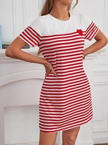SHEIN Frenchy Striped & Heart Print Tee Dress - Red and White - View 5