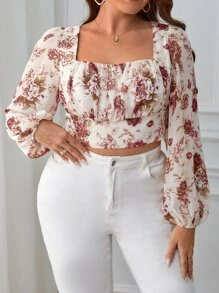 SHEIN Privé Blus Ukuran Plus Zip Ruched Bust Bunga All Over Print Boho - MultiWarna - View 4