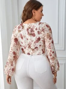 SHEIN Privé Blus Ukuran Plus Zip Ruched Bust Bunga All Over Print Boho - MultiWarna - View 2