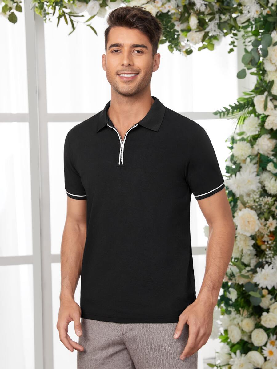 Manfinity Men Contrast Trim Quarter Zip Polo Shirt - Black - View 1